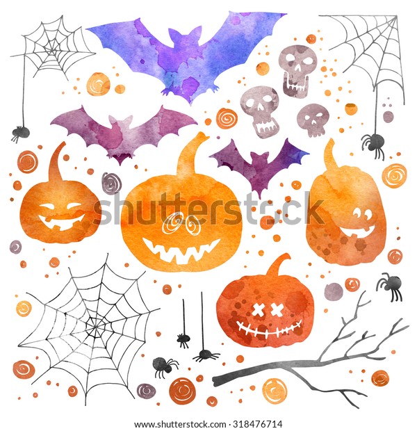 Download Set Halloween Watercolor Funny Pumpkins Spiders Stock Illustration 318476714