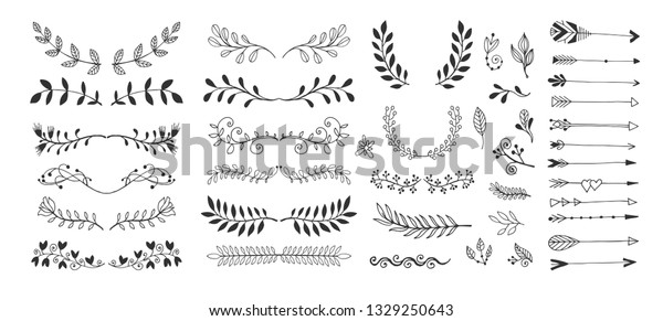 set of hand drawing page dividers borders and
arrow, doodle floral design elements, raster version illustration
collection