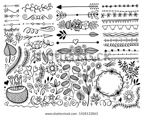 set of hand drawing page dividers borders and\
arrow, doodle floral design elements, raster version illustration\
collection