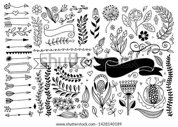 set of hand drawing page dividers borders and\
arrow, doodle floral design elements, raster version illustration\
collection