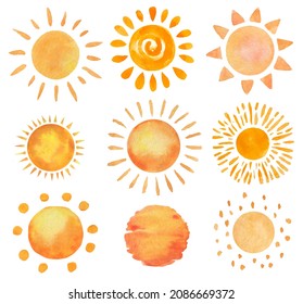 Set of hand drawn cartoon sun icons. Watercolor illustration.