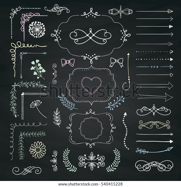 Set of Hand Drawn Doodle Design Elements.\
Rustic Decorative Line Borders, Dividers, Arrows, Swirls, Scrolls,\
Ribbons, Banners, Frames Corners Objects on Chalkboard Taxture.\
Illustration