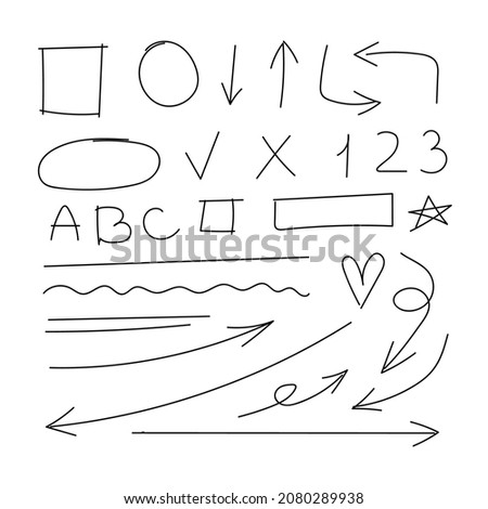 set of hand drawn elements, black drawings islated on white background, design elements collection.