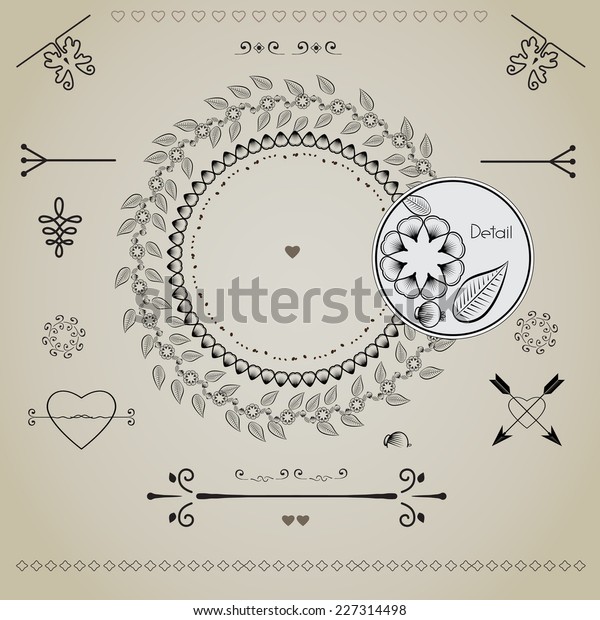 set of hand drawn\
frames, laurels.  illustration. Decorating for cards and wedding\
invitations. Decorative elements.  Web design and web sites.  used\
as a page decoration