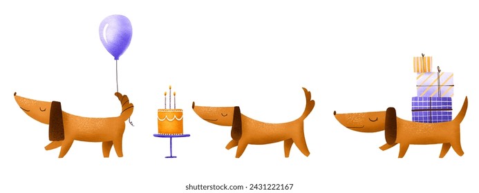 Set of hand drawn illustration with dachshunds with a birthday cake on a stand. Dachshund with gifts and Dachshund with cake. Dog with balloons. Birthday illustration.
 - Powered by Shutterstock