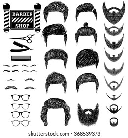 A Set Of Hand Drawn Of Mens Hairstyles, Beards And Mustaches, Tools, Barbera And The Sign Barbershop. Gentlmen Haircuts And Shaves. Digital Black  Illustration.