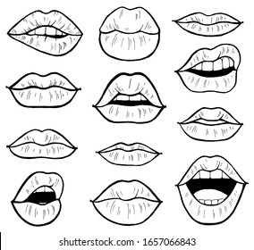 Set of hand drawn outlined lips of different shape on white isolated background. Sketch style illustration.