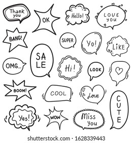 Set of hand drawn speech bubbles with different words. Abstract speech bubble on white. Black and white illustration
