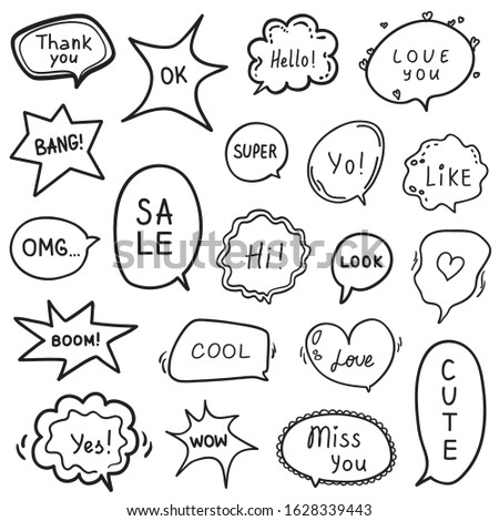 Set of hand drawn speech bubbles with different words. Abstract speech bubble on white. Black and white illustration