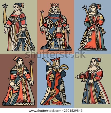 Set of hand drawn vector illustrations in vintage style of queen.