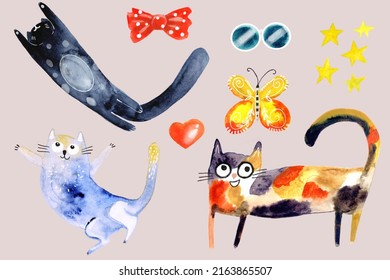 Set Of Hand Drawn Watercolor Black Cat, Blue Cat, Colorful Cat, Butterfly, Glasses, Heart, Stars And Bow.