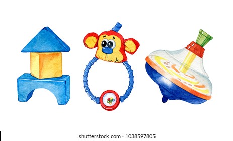 Set Of Hand Drawn Watercolor Children's Toys