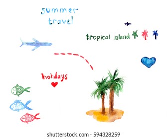 set of hand drawn watercolor elements for summer design: airplane, palms, fish, isolated on white
