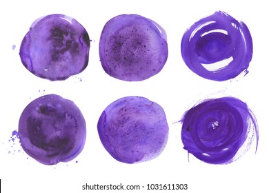 Set of hand drawn watercolor ultraviolet spots. Collection purple round stains. Isolated on white background. Wet texture, grained paper. A deep saturated tone. Color 2018. A kit of blotches.