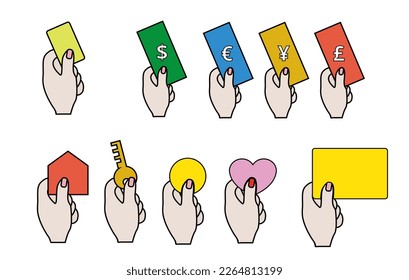 a set of hand gesture illustration holding cash coin money credit card key house home realtor real estate hope heart love debit card currency minimal cute style - Powered by Shutterstock