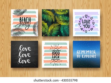  set hand lettering poster set . Hand drawn calligraphy. Templates beach party, love you, love, good luck, remember to explore. Trendy handwritten  illustration - Powered by Shutterstock