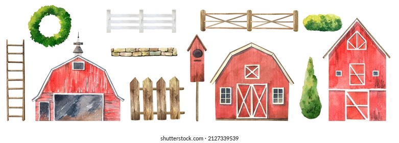 Set Of Hand Painted Watercolor Christmas Village, Farm, Red Wooden Barn For Wedding Stationery, Congratulations, Wallpaper, Fashion, Background