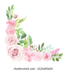 Set Of Hand Painted Watercolor Delicate And Romantic Flowers, Leaves And Branches Inspired By Summer Garden Plants. Pink Floral Clip Art Pefect For Wedding Card Making And DIY Project. 