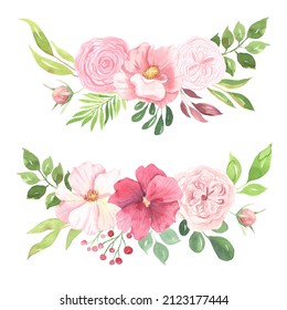 Set Of Hand Painted Watercolor Delicate And Romantic Flowers, Leaves And Branches Inspired By Summer Garden Plants. Pink Floral Clip Art Pefect For Wedding Card Making And DIY Project. 