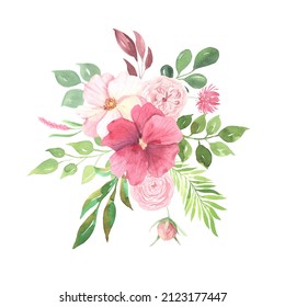 Set Of Hand Painted Watercolor Delicate And Romantic Flowers, Leaves And Branches Inspired By Summer Garden Plants. Pink Floral Clip Art Pefect For Wedding Card Making And DIY Project. 