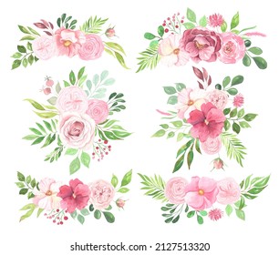 Set Of Hand Painted Watercolor Delicate And Romantic Flowers, Leaves And Branches Inspired By Summer Garden Plants. Pink Floral Clip Art Pefect For Wedding Card Making And DIY Project. 