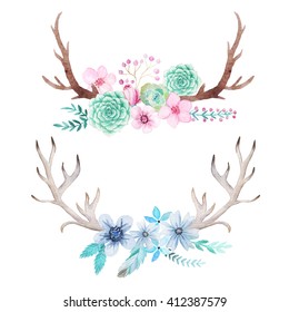 Set of hand painted watercolor flowers, leaves, antlers and branches in rustic style. Boho rustic composition perfect for floral design projects