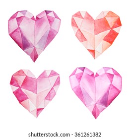 Set Of Hand Painted Watercolor Gem Hearts. Isolated Objects Perfect For Valentine's Day Card Or Romantic Post Cards