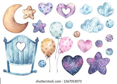 Set of hand painted watercolor illustrations cartoon style, baby themed, with clouds, moon, balloons, stars and a cot - Powered by Shutterstock