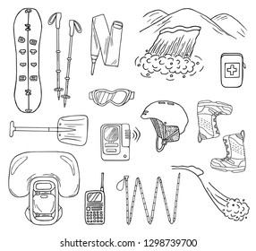 Set Of Hand-drawn Avalanche Safety Gear Icons. Doodle Splitboard, Airbag, Beacon, Shovel, Etc.. Sketched Illustration Of Equipment For Freeride