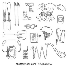 Set Of Hand-drawn Avalanche Safety Gear Icons. Doodle Skis, Probe, Beacon, Shovel, Etc.. Sketched Illustration Of Equipment For Backcountry