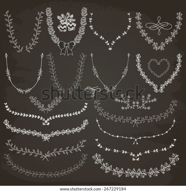 Set of\
Hand-Drawn Doodle Floral Decorative Brackets, Wreaths, Laurels.\
Design Elements. Chalk Drawing.\
Illustration.