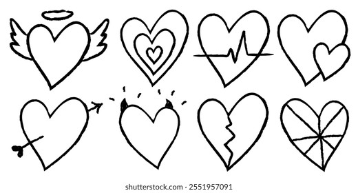 Set of hand-drawn heart icons. Hearts with wings, heartbeat, arrow, and more. Creative hearts, perfect for love-themed projects. Unique heart illustrations. Valentine's Day illustrations isolated.