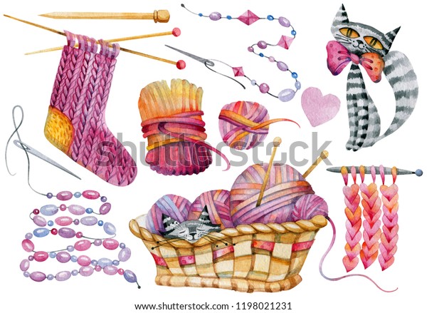 Set Handdrawn Knitting Supplies Watercolor Woolen Stock