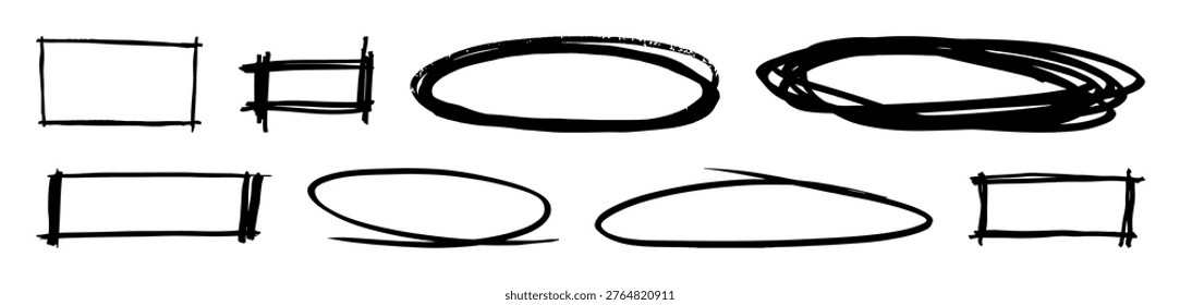 A set of hand-drawn shapes including rectangles, ovals, and circles in black, with rough, sketchy lines.