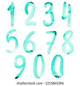 Set Of Handwritten Green Watercolor Numbers