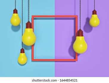 Set of hanging light bulbs with a frame. creative Trendy design. 3d rendering