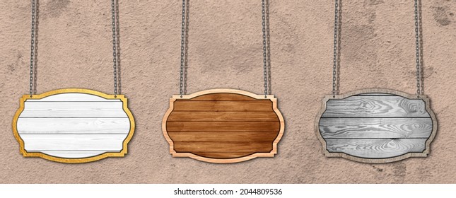 Set of Hanging Wooden Labels in Textured Wall. Rustic wood frame Collection Design. frames, Vintage beards hang with chains, old signpost or signboard.   3D illustration 