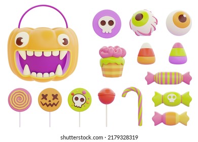 set of Happy Halloween with Jack-o-Lantern pumpkin basket, colorful candies and sweets isolated on white background, 3d rendering. 
 - Powered by Shutterstock