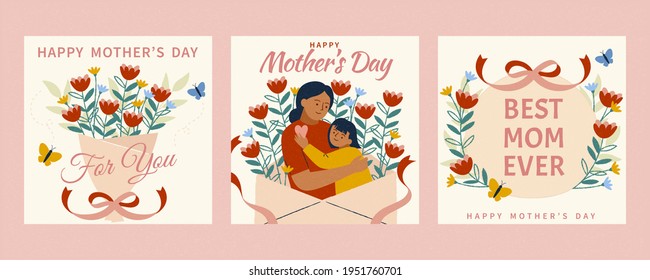 Set of Happy Mother's Day card template. Layout designed in warm doodle style. Background also suitable for birthday or women's day. - Powered by Shutterstock