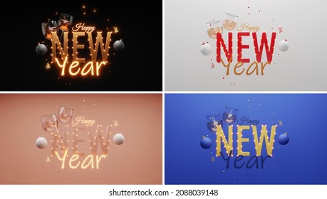 Set Of Happy New Year Font With 3D Baubles, Wine Glasses, Swirl Tree, Tiny Balls Decorated Background.