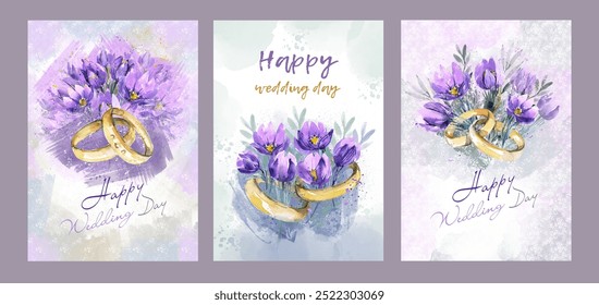 A set of Happy Wedding Day cards with bouquets of watercolor flowers and rings. Wedding rings with purple flowers, snowdrops, painted creative illustration. - Powered by Shutterstock