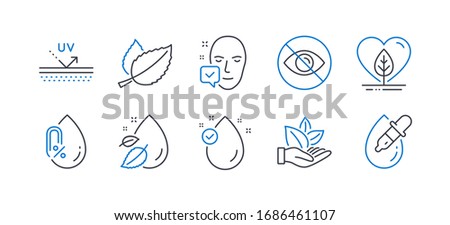 Set of Healthcare icons, such as Local grown, Face accepted, Uv protection, Not looking, Mint leaves, Organic product, Water drop, No alcohol, Vitamin e, Eye drops line icons. Foto d'archivio © 