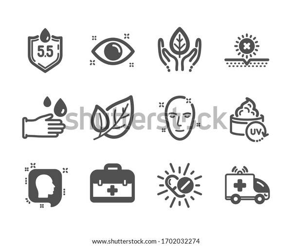 Set of\
Healthcare icons, such as Medical drugs, First aid, Health eye, No\
sun, Health skin, Rubber gloves, Ph neutral, Ambulance car, Fair\
trade, Uv protection, Head, Leaf classic\
icons.