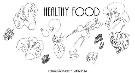 Set with healthy fruits, nuts, berries and vegetables isolated on white background. Broccoli, strawberry, peanut and beetroot with leaves  illustration. Hand-drawn organic food for postcard or banner. - Powered by Shutterstock