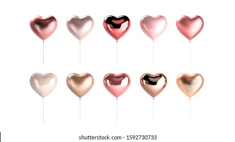 Set of heart shape helium balloons isolated on white background. Metallic foil, glossy glass and sequins textures for trendy, realistic designs. Valentine's day love theme. 3d render illustration.    - Powered by Shutterstock