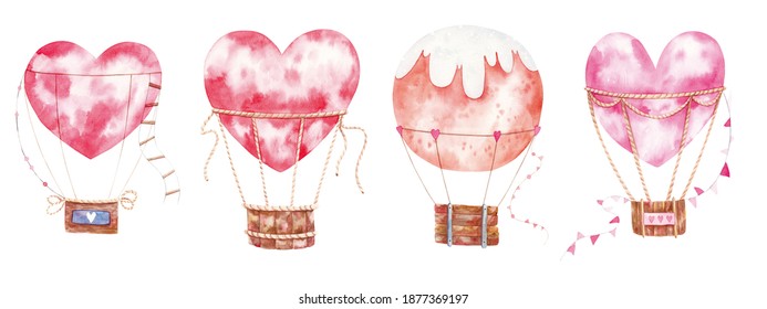 Set Of Heart Shaped Balloons, Valentine's Day, Kids Watercolor Illustration