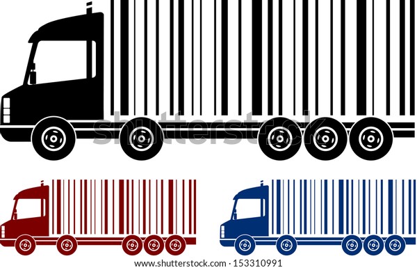 set of
heavy colorful shipping trucks with bar
code