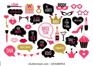 Set of hen party photo booth props. Wedding and bachelorette celebration elements. Bridal shower stickers. Quotes team bride, bridesmaid, future mrs, true love - Powered by Shutterstock