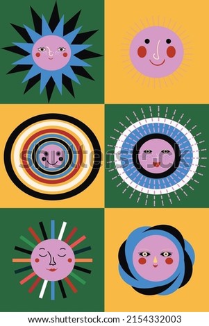 Set of hipster retro cool psychedelic sun shapes.Solar icons symbol . Collection of groovy sun stickers.Icon  of divers sun  shapes on yellow and green background.