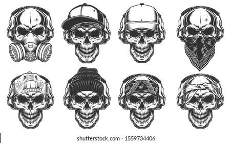 Set Hipster Skulls Headphones Illustraiton Stock Illustration ...